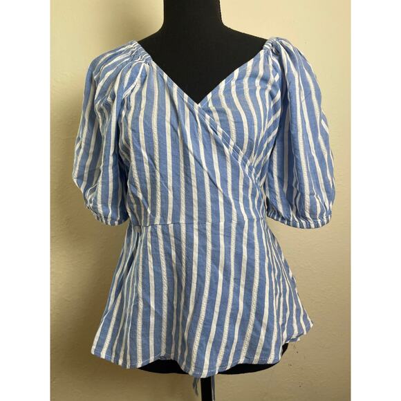 Old Navy Women's Striped Wrap Baby Doll Top Blue M Cottage Pastoral Feminine - Picture 3 of 15
